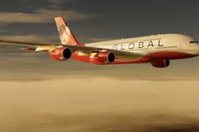 <p>Flying high? Global Airlines’ rendition of its Airbus A380 in service</p>