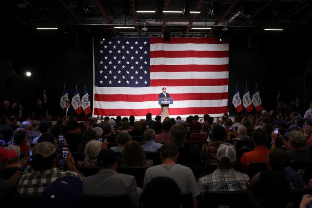 <p>Florida Governor Ron Desantis kicks off his campaign for the 2024 Republican U.S. presidential nomination with his first official campaign event being an evening rally at the evangelical Eternity church in West Des Moines, Iowa, U.S. May 30, 2023</p>