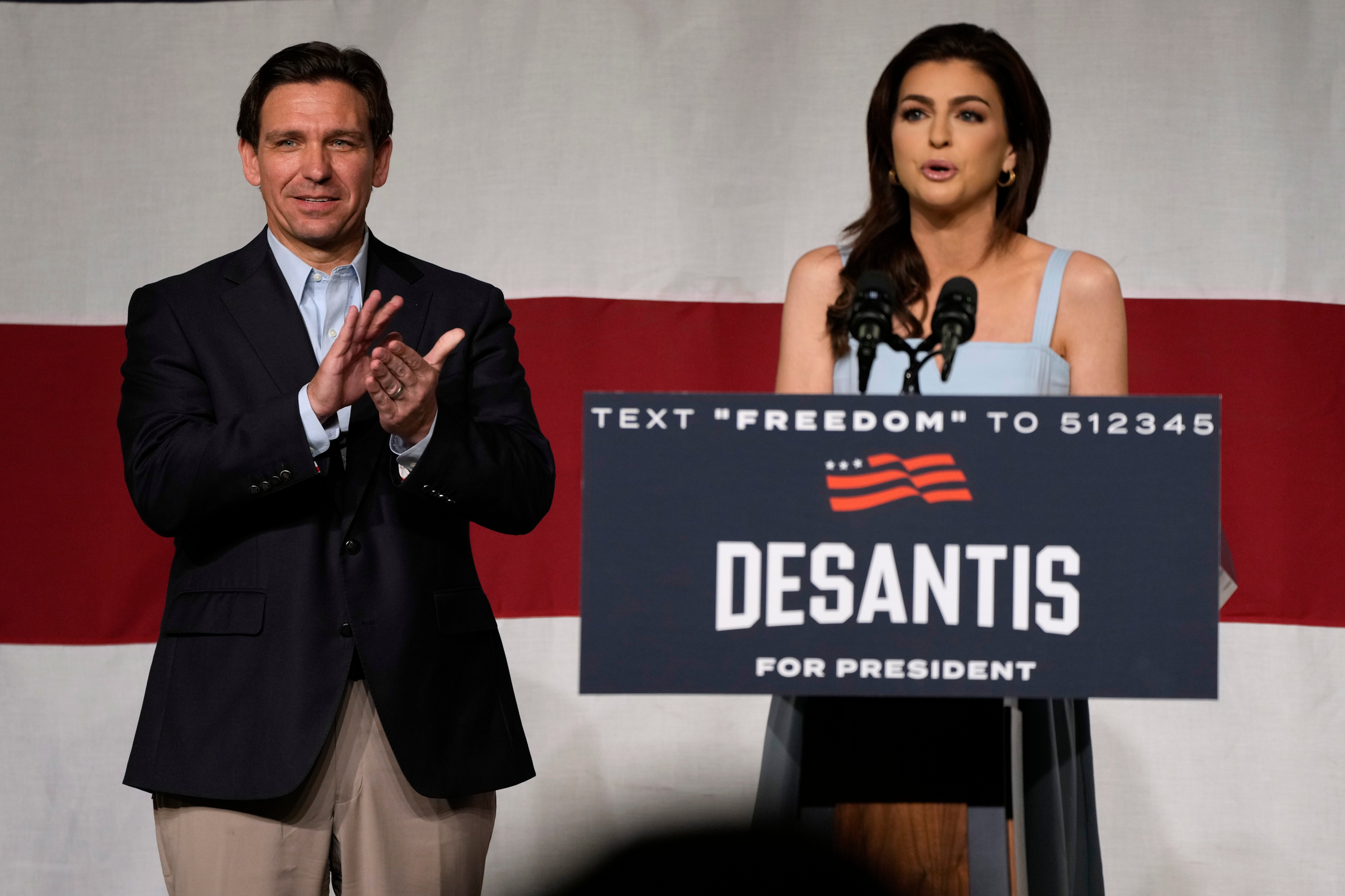 Casey DeSantis speaking at a campaign event for her husband in Iowa in May. She has been happy to take a prominent role