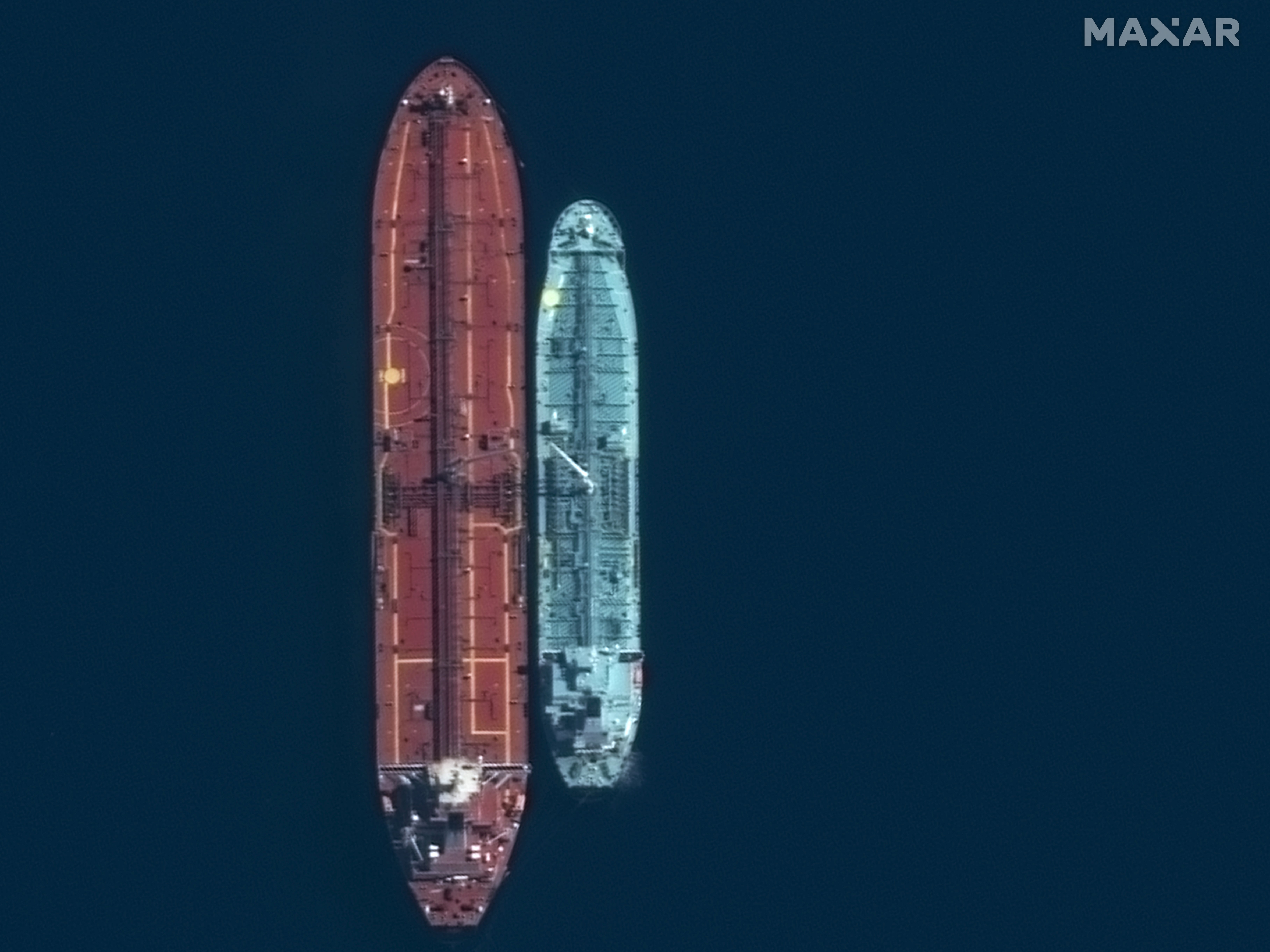 A satellite image taken on 20 March 2023 by Maxar Technologies shows a ship-to-ship transfer in Lakonikos Bay