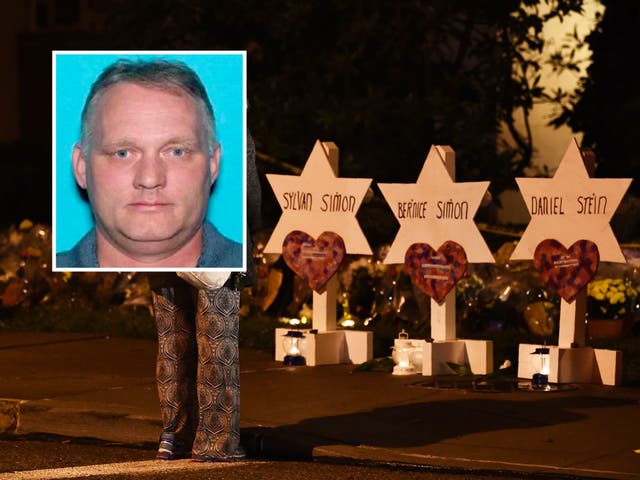 <p>Robert Bowers (inset) and a memorial for the victims </p>