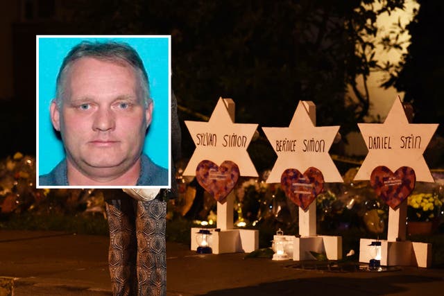 <p>Robert Bowers (inset) and a memorial for the victims </p>