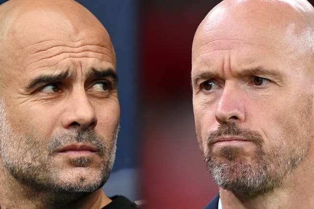 <p>Pep Guardiola and Erik ten Hag have gone from friends to foes </p>