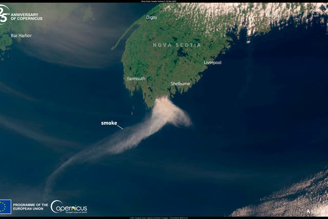 <p>An image capture by the Copernicus Sentinel-3 satellite on Monday shows the thick plume of smoke heading south from wildfires which are devastating the province of Nova Scotia in eastern Canada</p>
