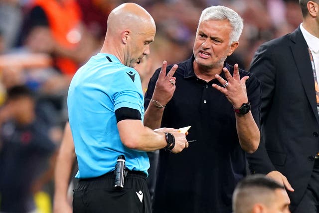 <p>Jose Mourinho questions referee Anthony Taylor’s officiating during the Europa League final</p>