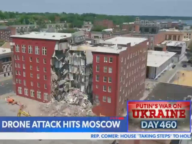 <p>Newsmax used an image of a collapsed building in Iowa to report on a drone attack on Moscow</p>