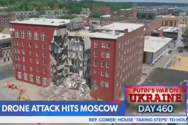 <p>Newsmax used an image of a collapsed building in Iowa to report on a drone attack on Moscow</p>
