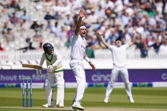 Stuart Broad appeals for a wicket during England’s one-off Test with Ireland (John Walton/PA)