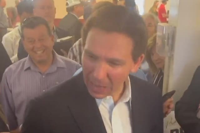 <p>Florida Governor Ron DeSantis asks a reporter if they are ‘blind’ after they asked why he did not take questions following a presidential campaign event in New Hampshire</p>