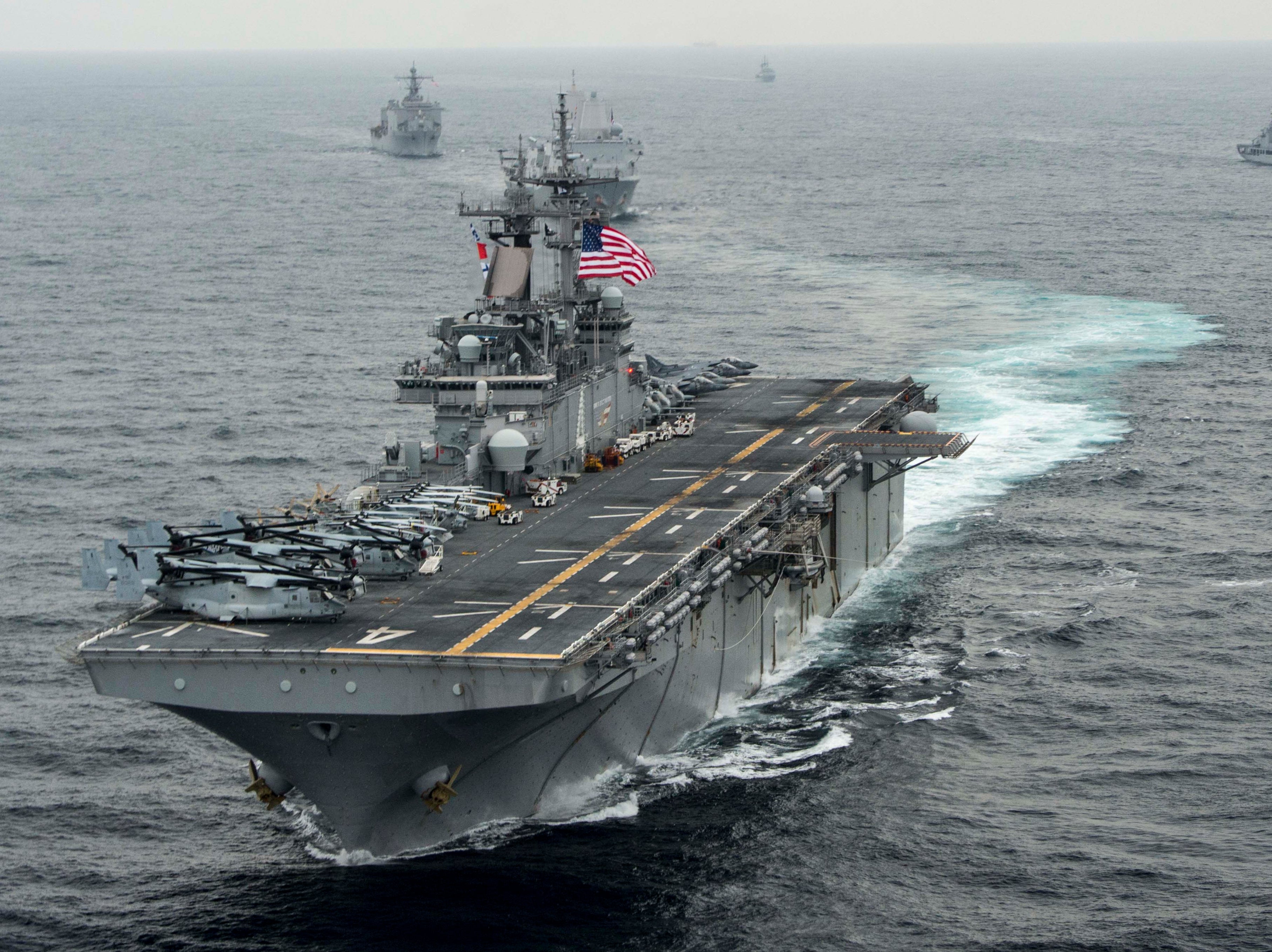 In this handout photo provided by the US Navy, the amphibious assault ship USS Boxer (LHD 4) transits the East Sea in 2016