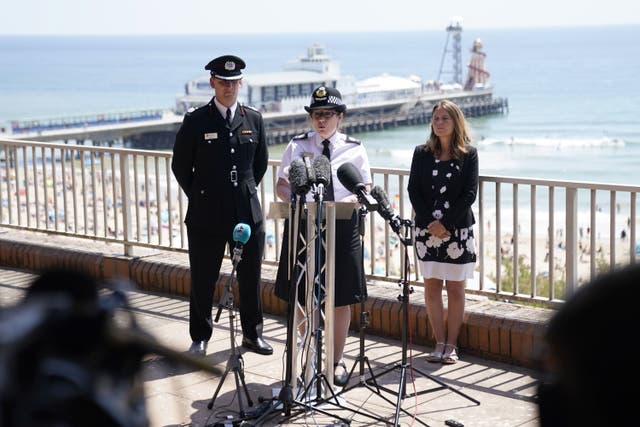 (left to right) Dorset & Wiltshire Fire And Rescue Assistant Chief Fire Officer Andy Cole, Assistant Chief Constable Rachel Farrell and Vikki Slade leader of Bournemouth council (Andrew Matthews/PA)