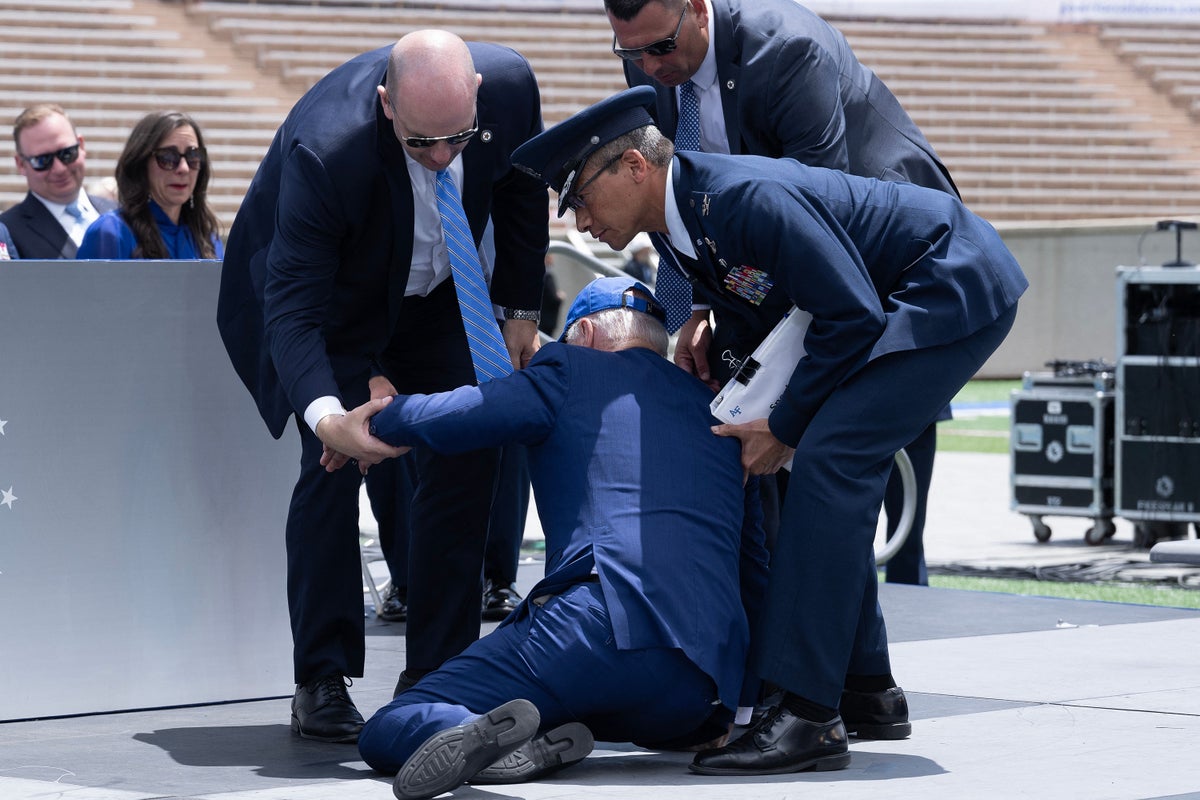 Joe Biden trips and falls at Air Force graduation ceremony