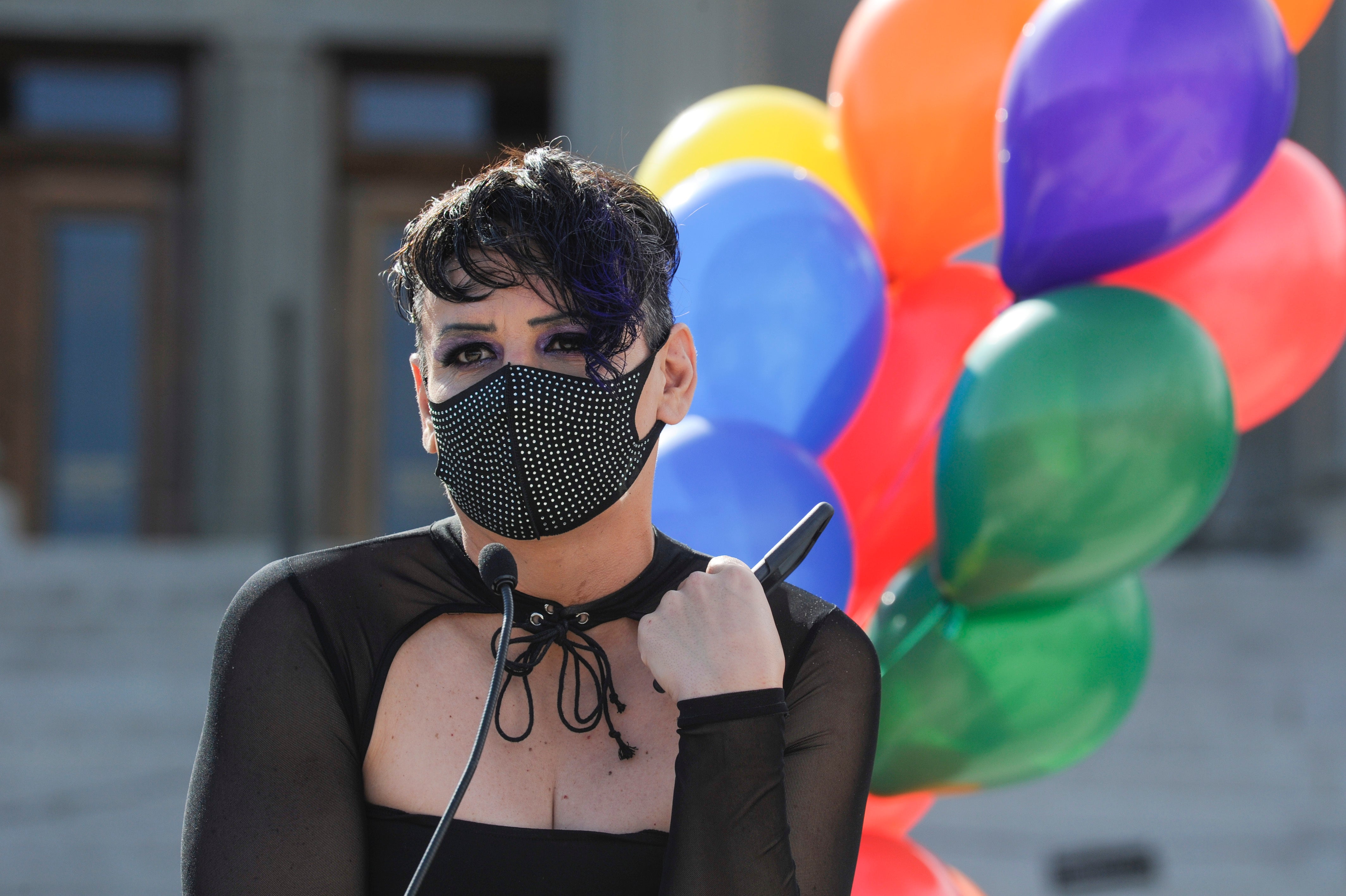 Adria Jawort is pictured rallying outside the Montana state capitol on Helena in 2021.
