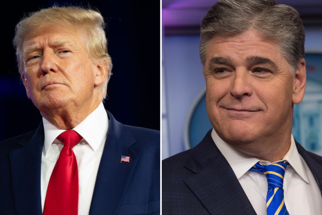 <p>Sean Hannity (R) moderated a Fox News town hall in Iowa for Donald Trump (L) as he runs for the White House in 2024</p>