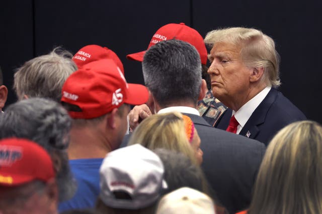 <p>Former President Donald Trump greets supporters at a Team Trump volunteer leadership training event held at the Grimes Community Complex on June 01, 2023 in Grimes, Iowa</p>