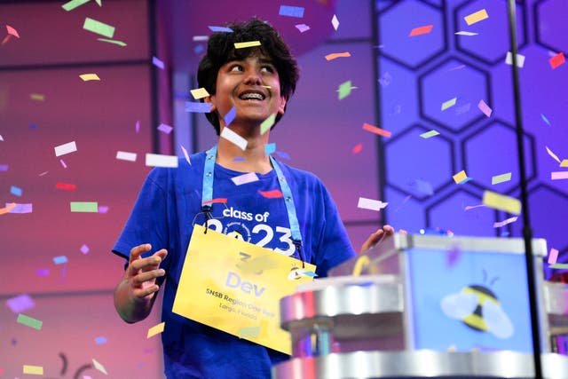 <p>Dev Shah, 14, from Largo, Florida reacts as he wins the Scripps National Spelling Bee finals</p>