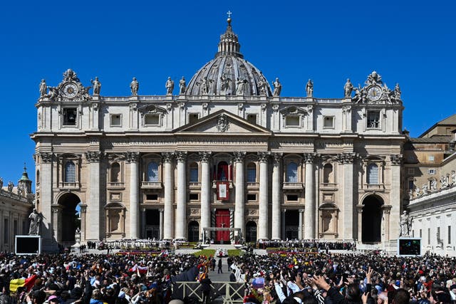 <p>File photo: People wait below St Peter’s basilica at St Peter’s square, for the Pope to deliver the Urbi et Orbi message and blessing for Easter on 9 April 2023 in The Vatican</p>