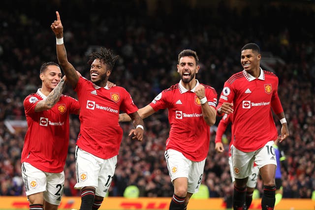 <p>Fred of Manchester United celebrates with team mates Antony, Bruno Fernandes and Marcus Rashford</p>