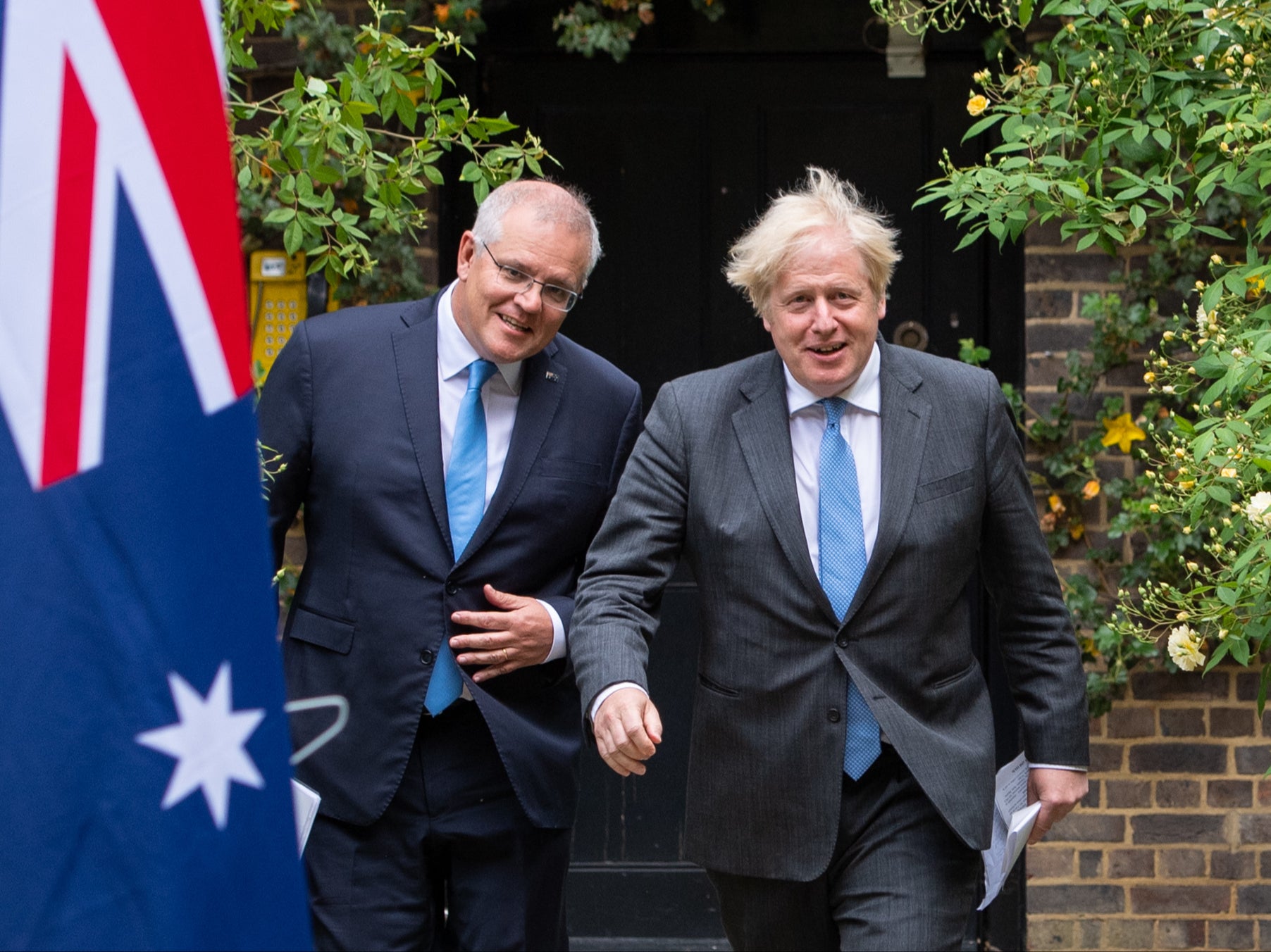 <p>Boris Johnson with Scott Morrison in No 10 garden</p>