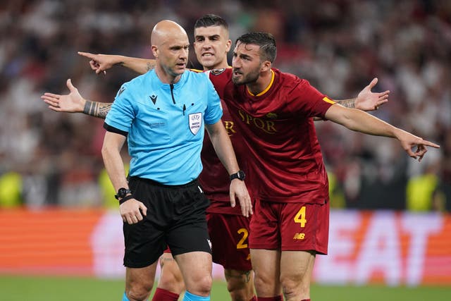 Referee Anthony Taylor was confronted by Roma fans at Budapest Airport (Adam Davy/PA)
