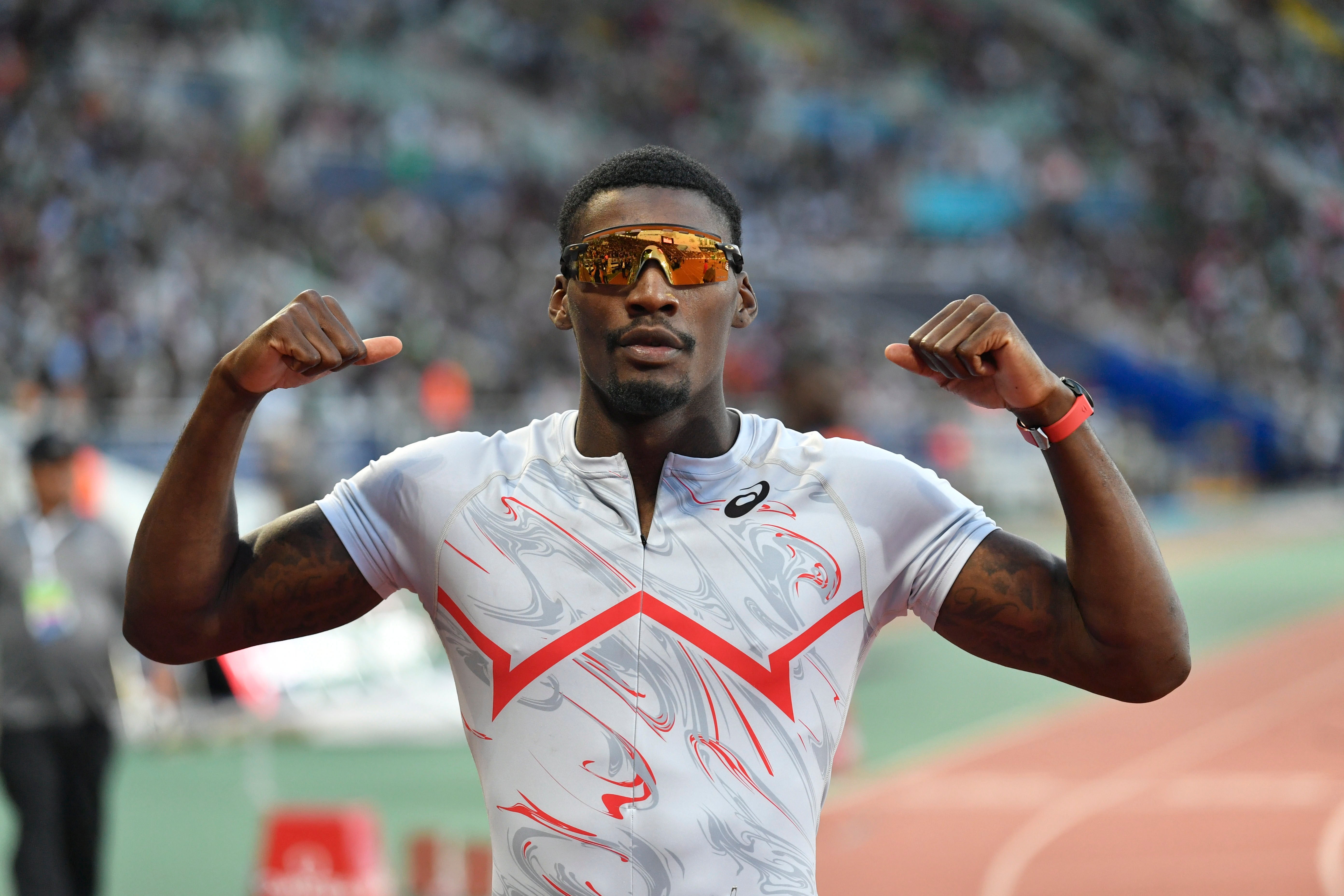 Fred Kerley of USA celebrates winning the 100m Men final at the Diamond League meeting in Rabat