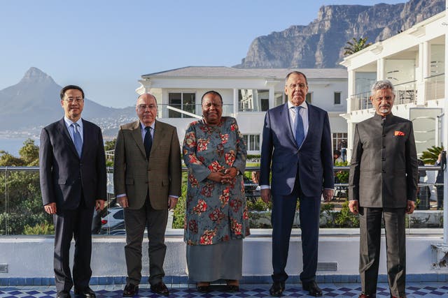 <p>China’s deputy minister of foreign affairs Ma Zhaoxu, Brazil’s foreign minister Mauro Vieira, South Africa's Naledi Pandor, Russian foreign minister Sergei Lavrov, and India’s foreign minister S Jaishankar in Cape Town on Thursday </p>