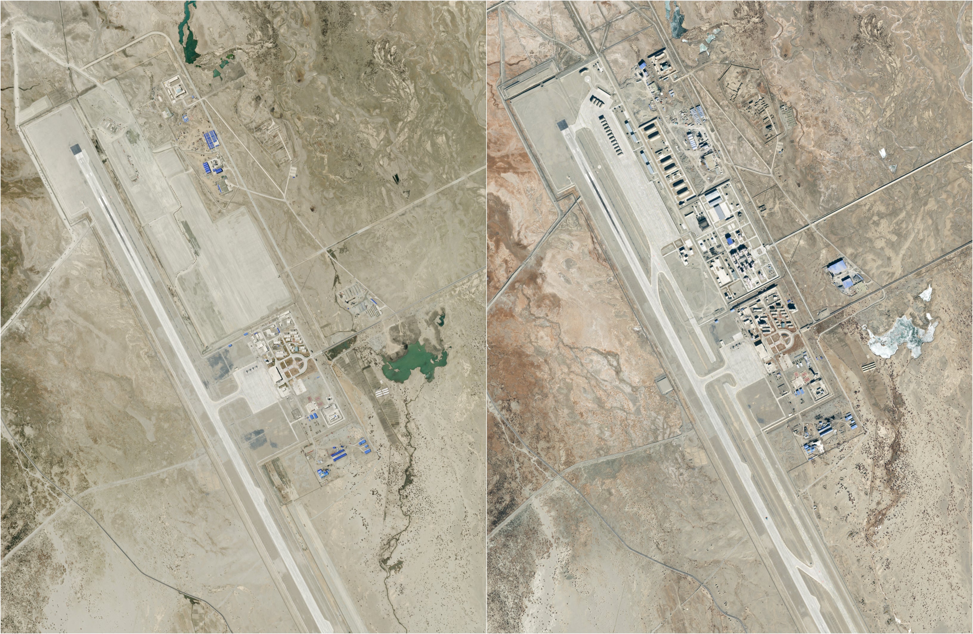 The Ngari Gunsa airfield in Tibet Autonomous Region in 2020 (left) compared to the airfield with fresh constructions in 2023