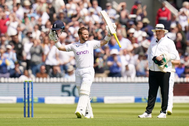 Ben Duckett celebrates reaching his century for England on day two of the one-off Test against Ireland (John Walton/PA)