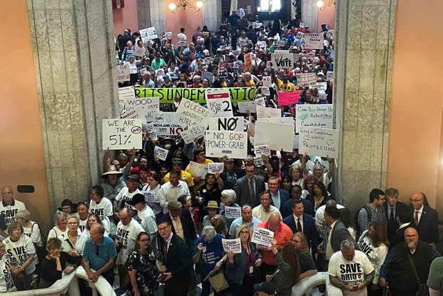 <p>Abortion rights demonstrators and opponents packed the Ohio statehouse in May 2023. </p>