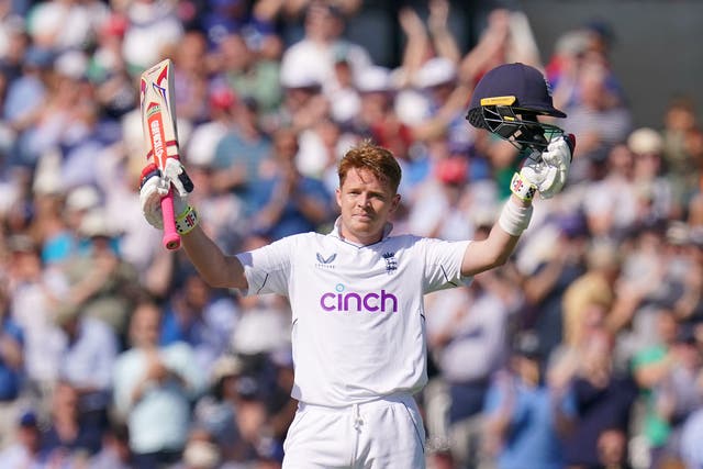 Ollie Pope celebrates his double hundred for England against Ireland (John Walton/PA)