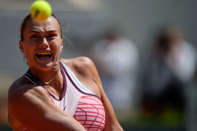 Aryna Sabalenka during her second-round win over Kamilla Rakhimova (Thibault Camus/AP)