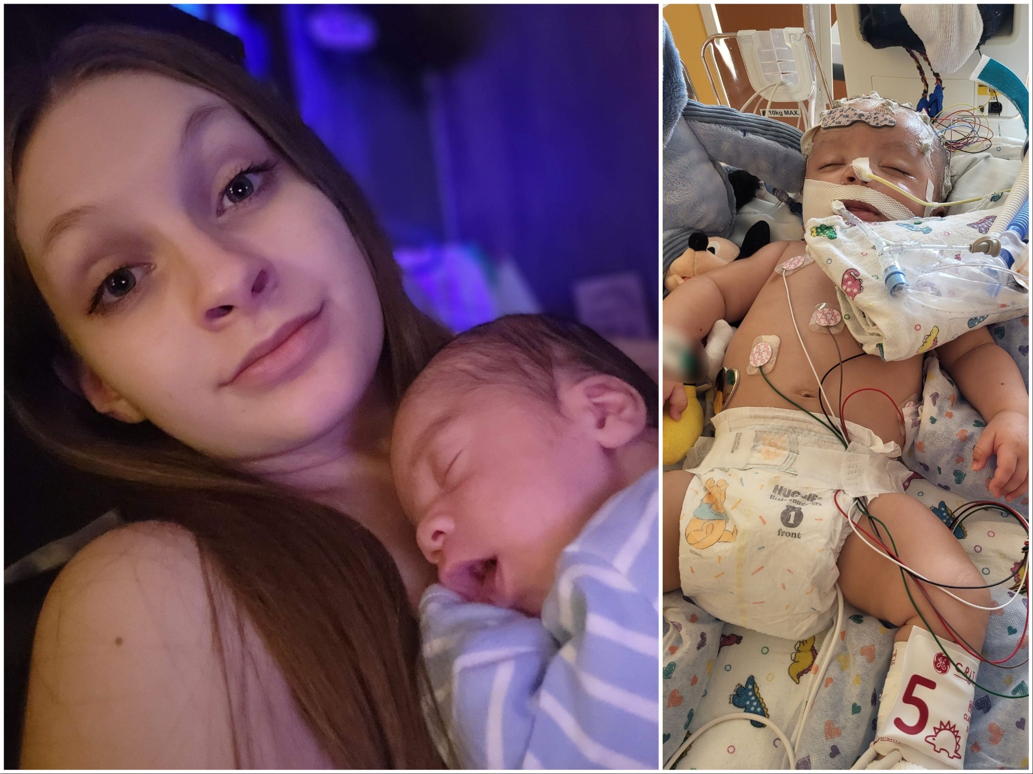 Breanna Brown, 22, found her young son 75 per cent braindead after she and her husband fell asleep with their son between them