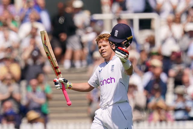 England’s Ollie Pope celebrates reaching his century as he bats during day two of the first LV= Insurance Test match at Lord’s, London. Picture date: Friday June 2, 2023.