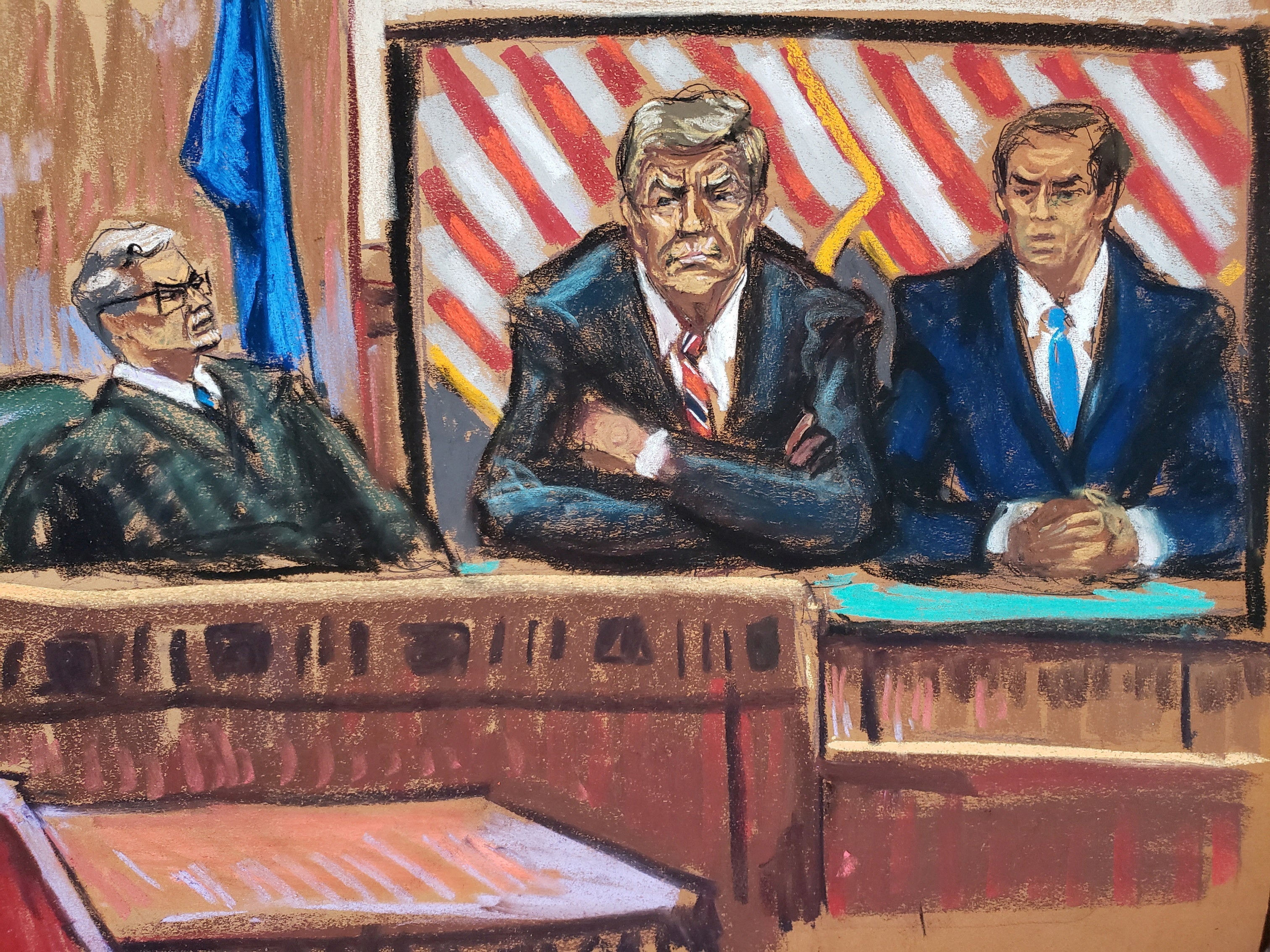A courtroom sketch from 23 May depicts Donald Trump and attorney Todd Blanche appearing virtually in Manhattan criminal court for a hearing with Judge Juan Merchan