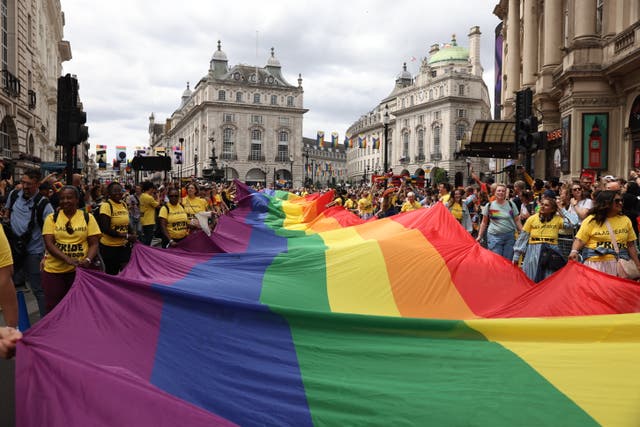 <p>Members of the LGBT+ community at last year’s Pride parade in London </p>