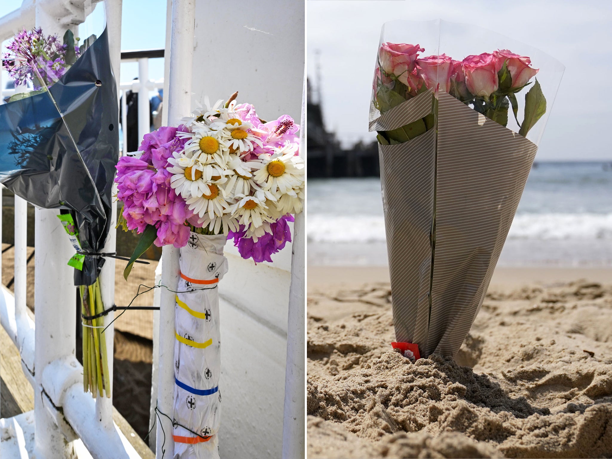 Flowers left in tribute on the beach