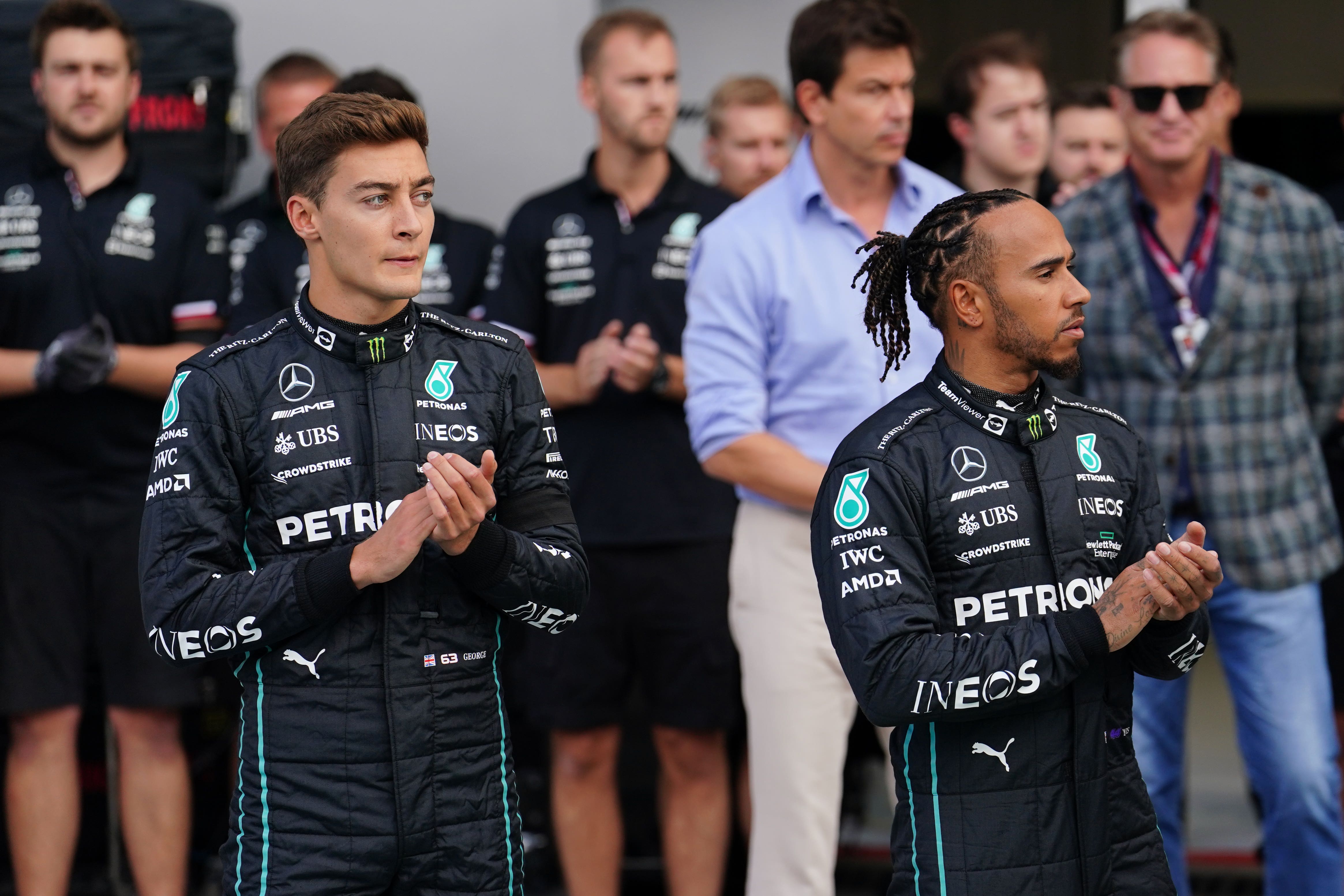 Mercedes’ Lewis Hamilton (right) and George Russell collided in qualifying in Barcelona (PA)