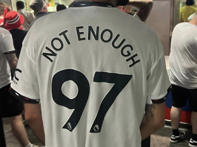 <p>The shirt sparked outraged when it was seen at the Wembley showpiece earlier this month </p>