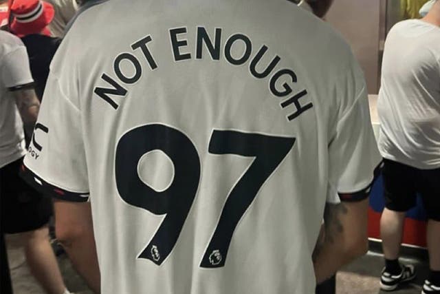 <p>The shirt sparked outraged when it was seen at the Wembley showpiece earlier this month </p>