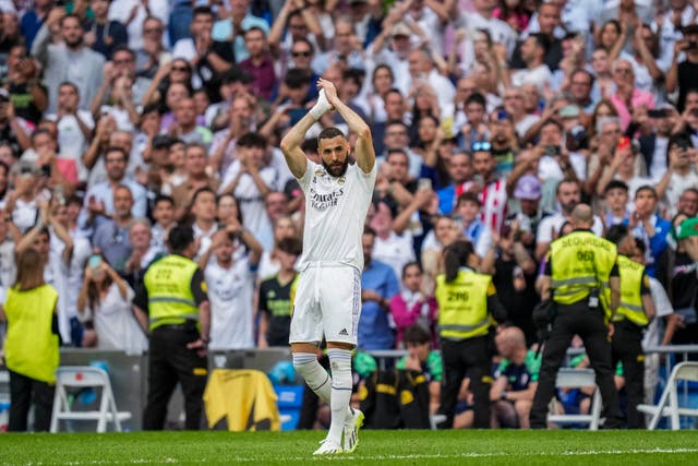 Real Madrid’s Karim Benzema applauds the fans after his final game (Bernat Armangue/AP).