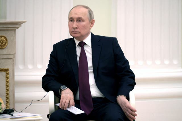 <p>Russian president Vladimir Putin attends a meeting with Eritrea’s president at the Kremlin in Moscow on 31 May 2023</p>