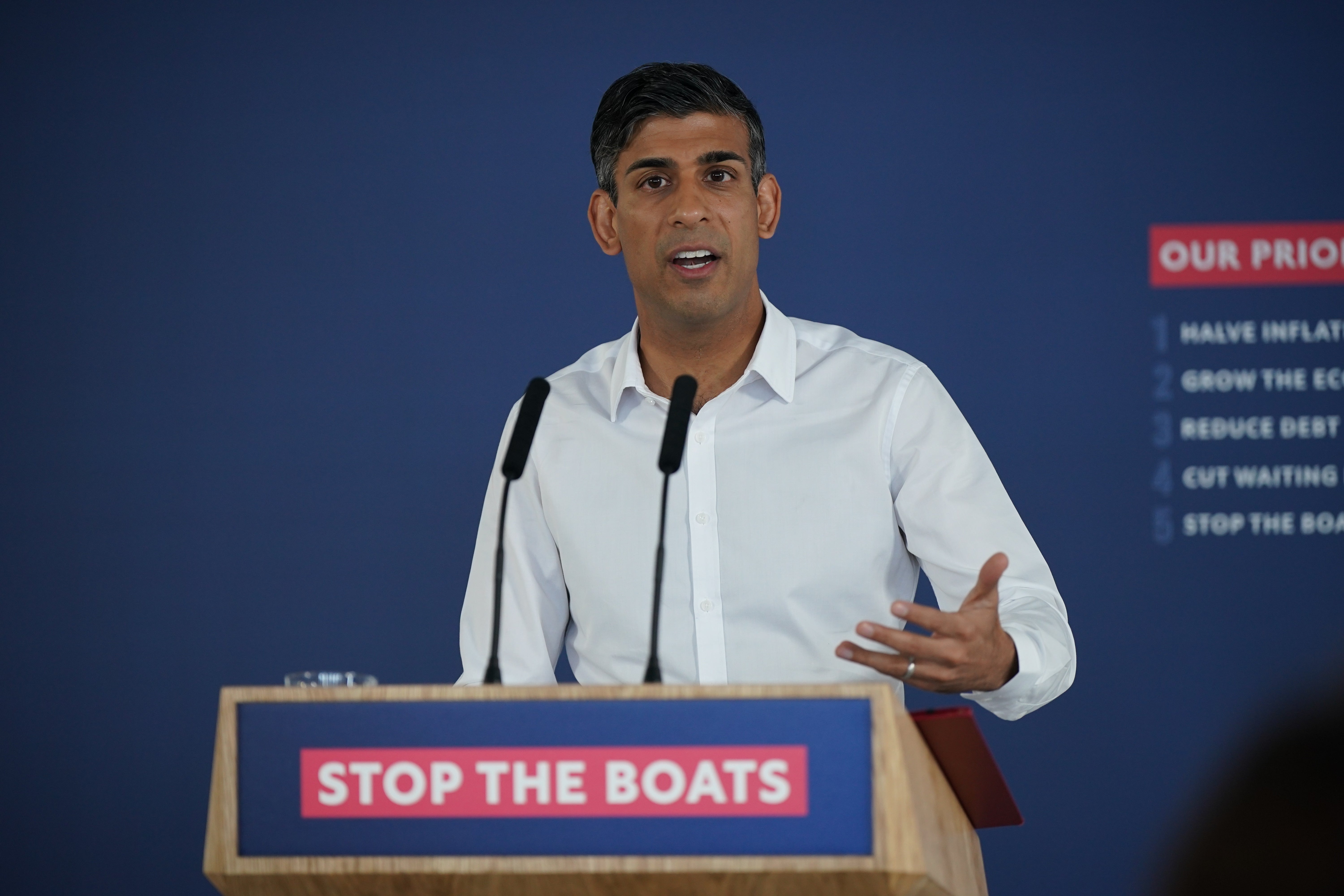 Prime Minister Rishi Sunak speaking during a press conference at Western Jet Foil in Dover, as he gives an update on the progress made in the six months since he introduced the Illegal Migration Bill under his plans to "stop the boats".