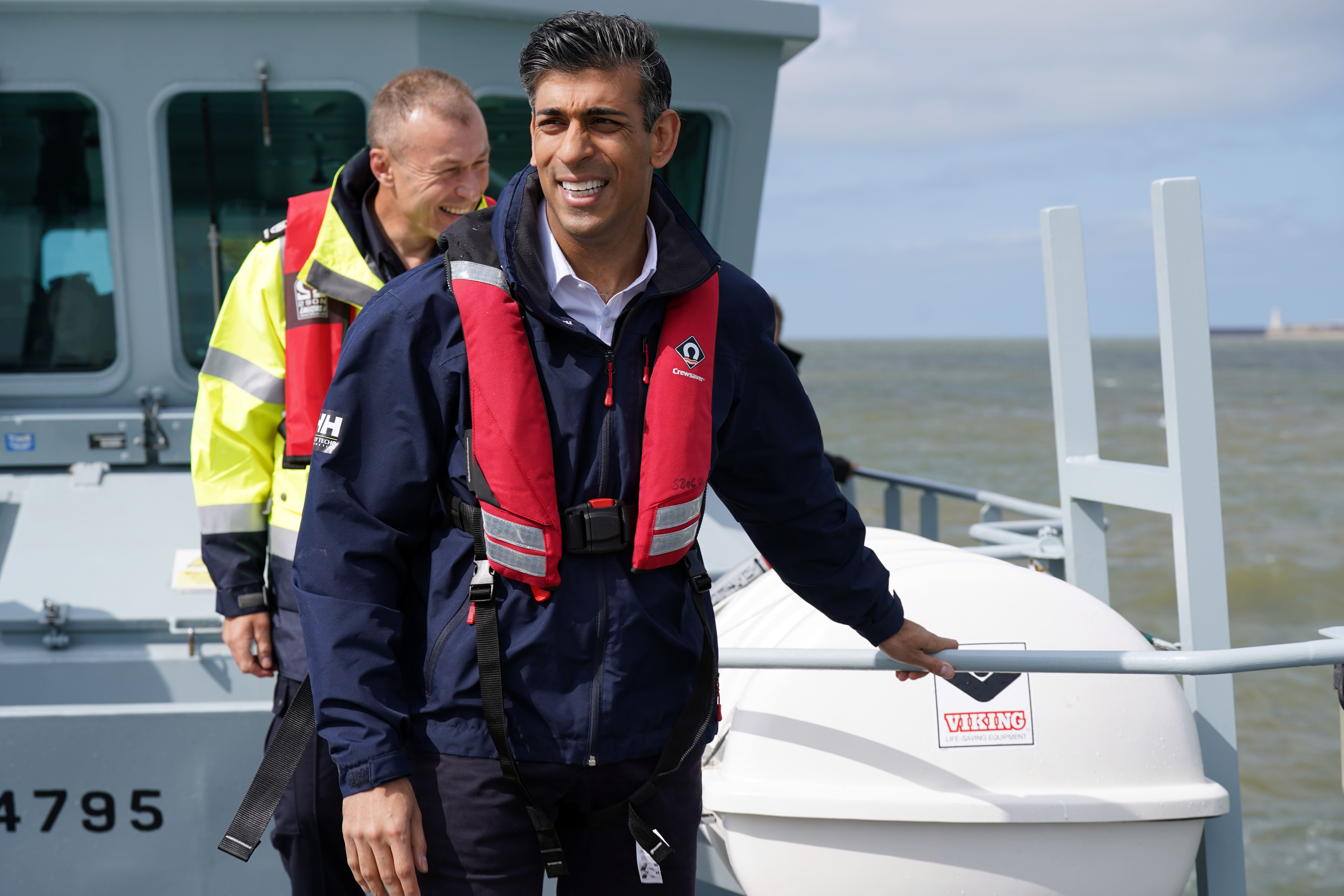 Rishi Sunak on board cutter HMC Seeker during a visit to Dover