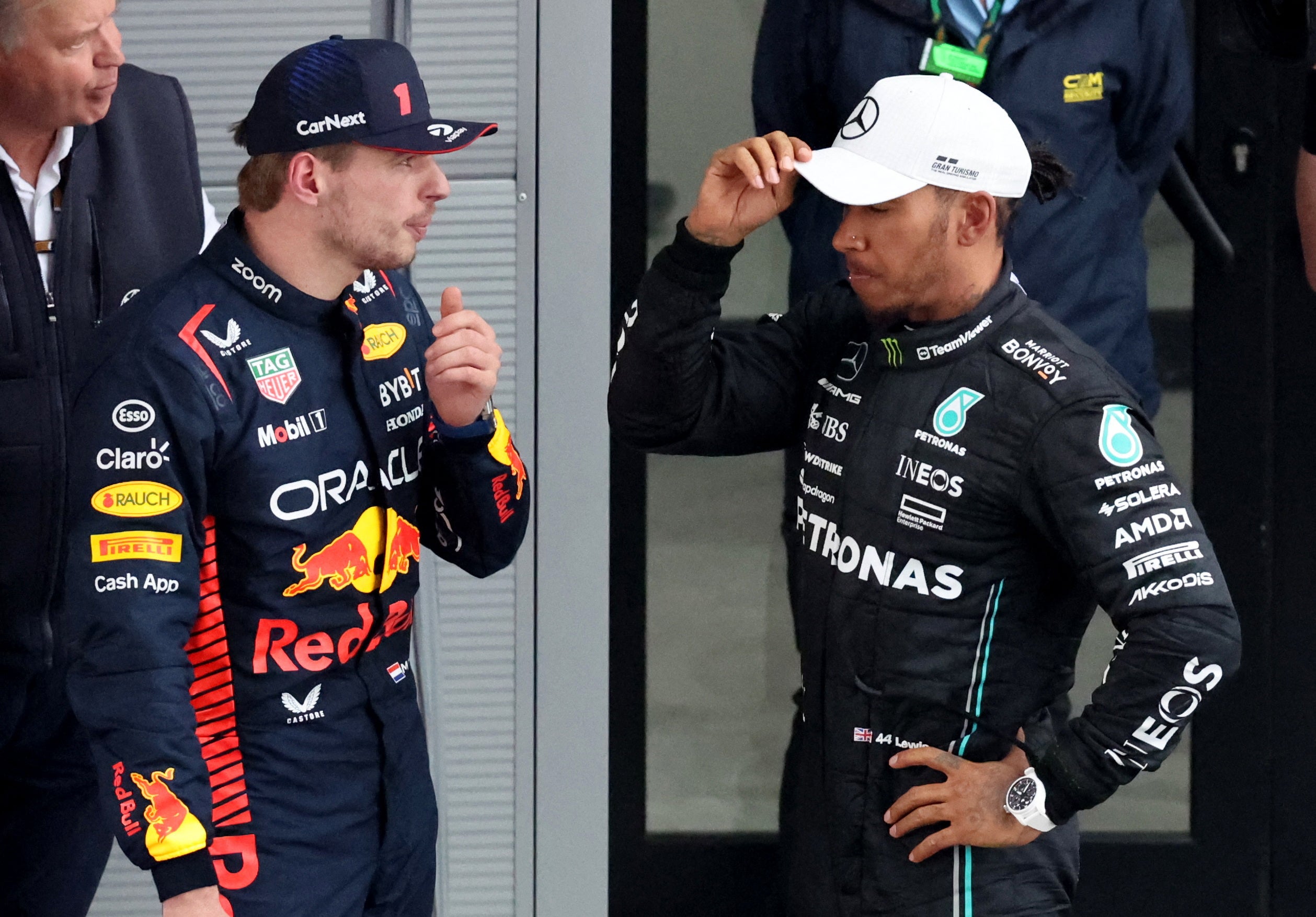 Max Verstappen and Lewis Hamilton speaking after the 2023 Spanish Grand Prix.