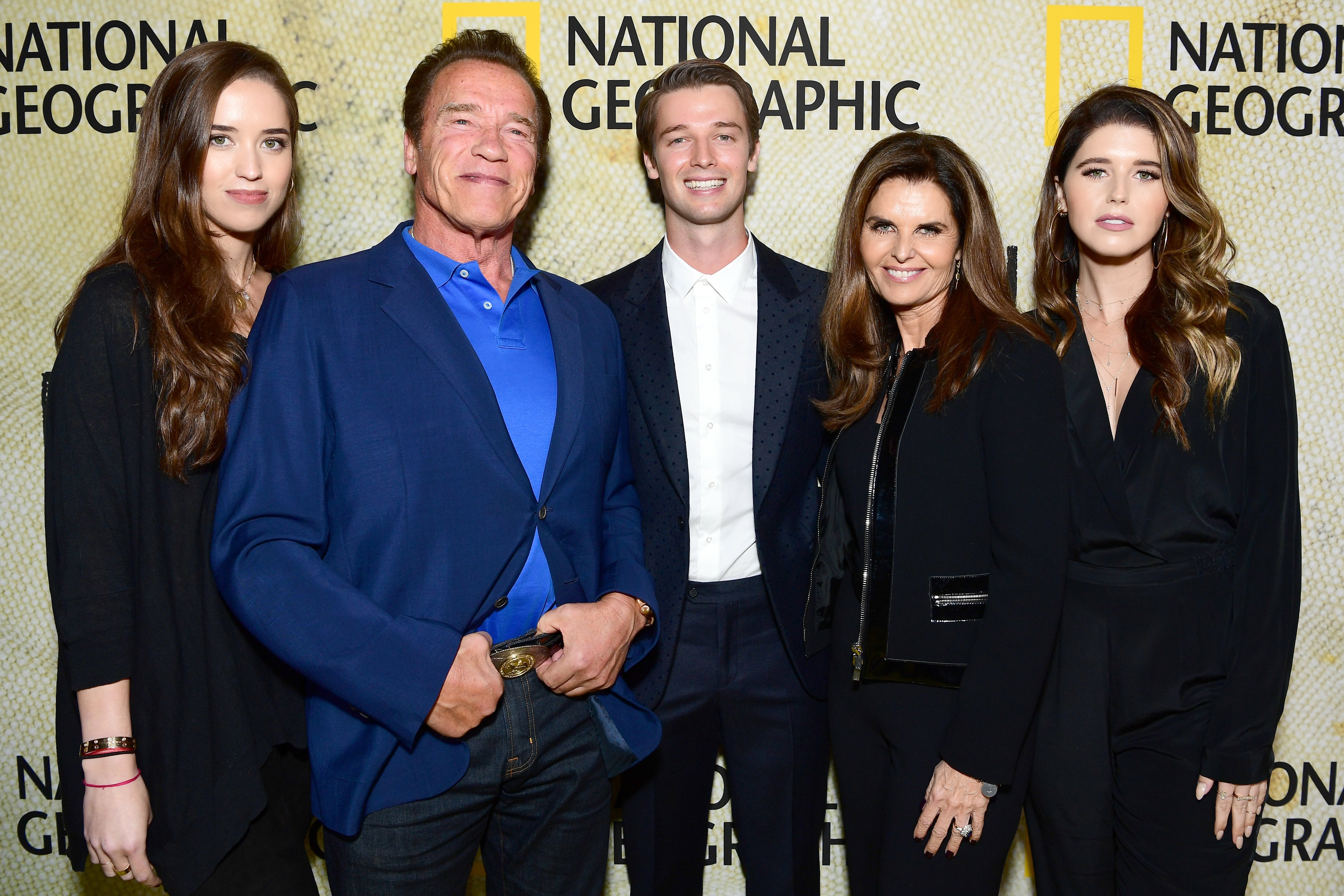 Christina Schwarzenegger, Arnold Schwarzenegger, Patrick Schwarzenegger, Maria Shriver and Katherine Schwarzenegger attend the premiere of National Geographic's "The Long Road Home" at Royce Hall on October 30, 2017