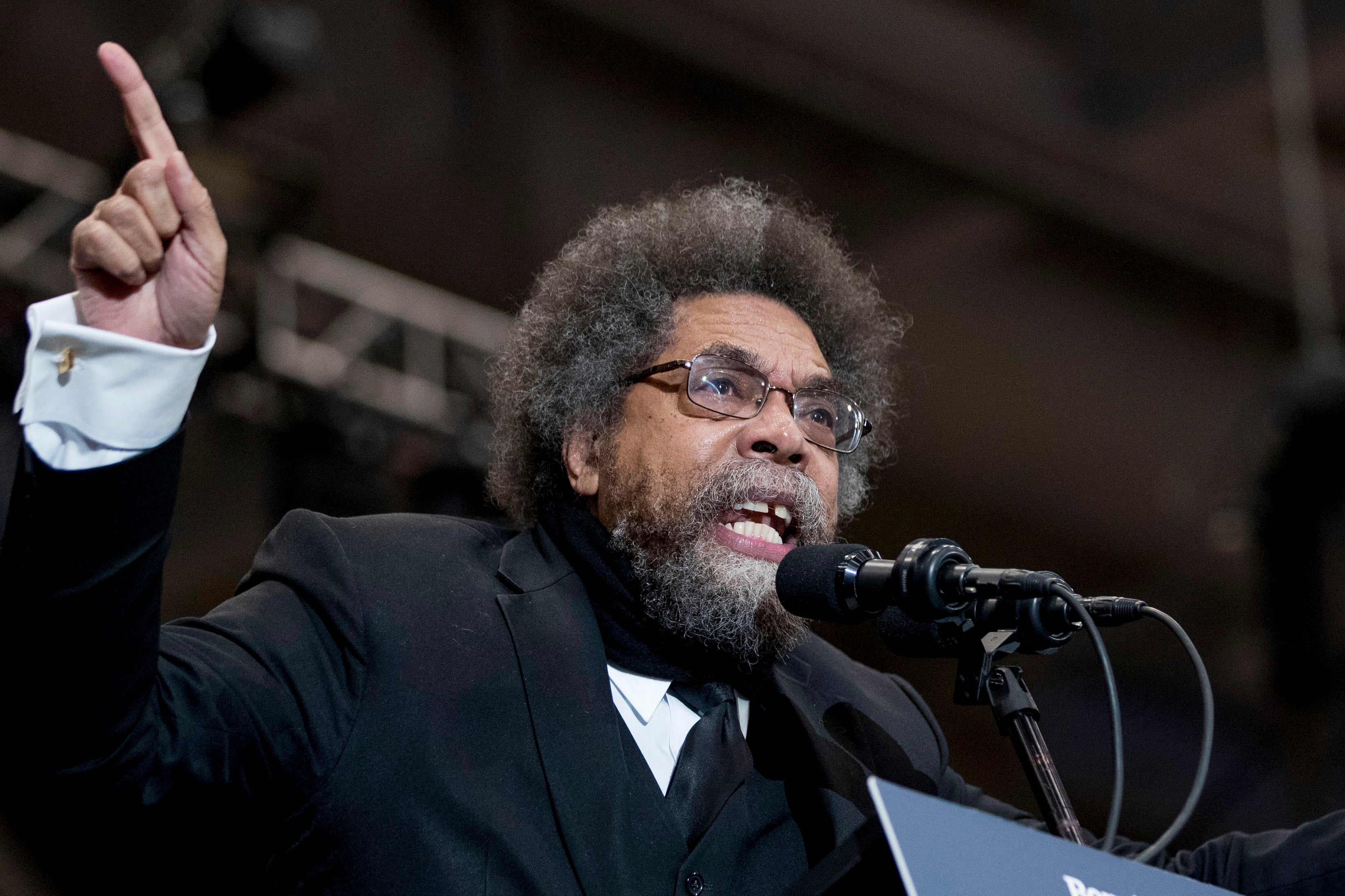 Harvard Professor Cornel West speaking at a campaign rally for Democratic presidential candidate Sen. Bernie Sanders, at the University of New Hampshire in 2020.