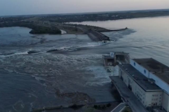 <p>The Nova Kakhovka dam after it was breached </p>