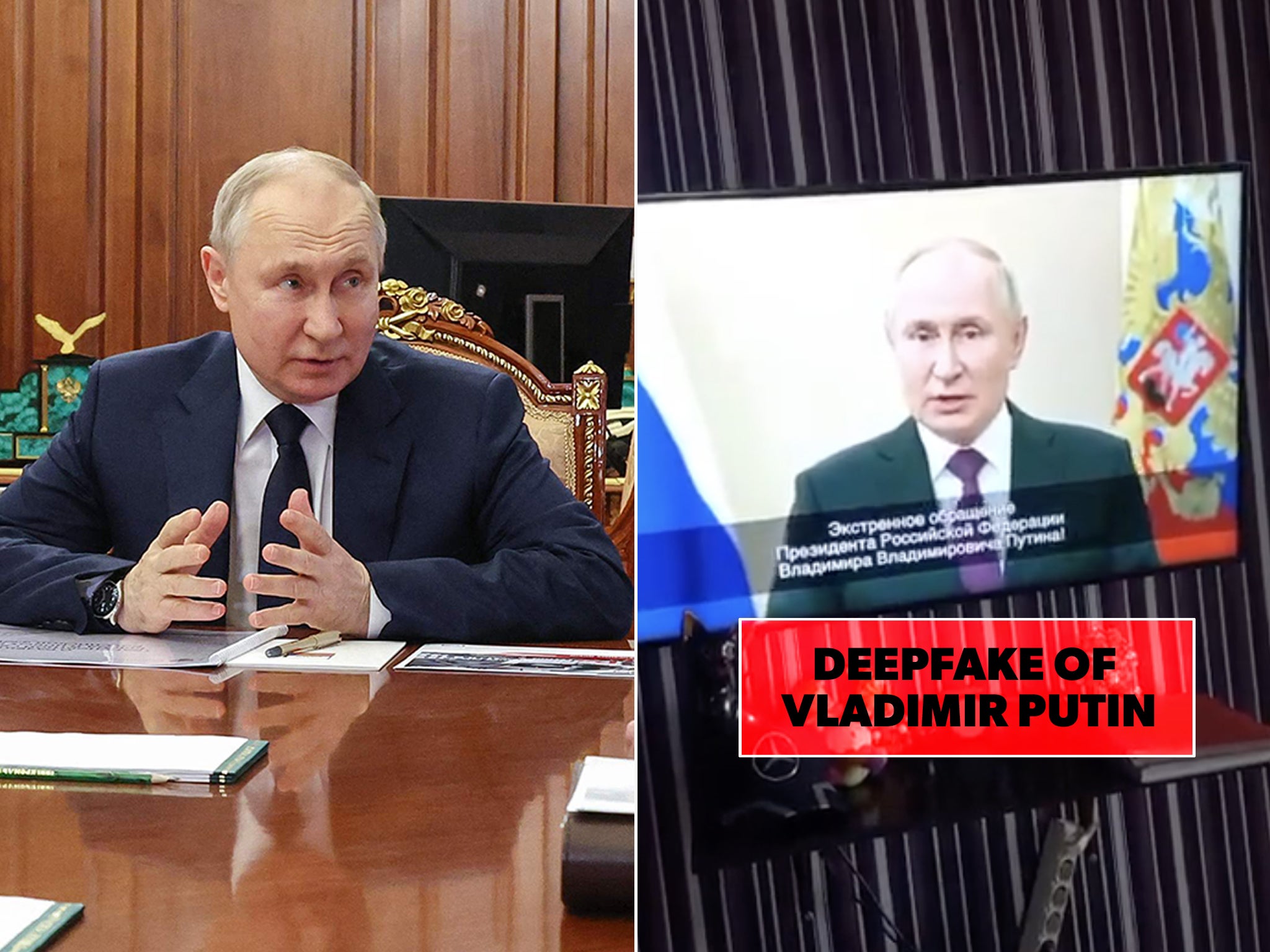 Vladimir Putin in a meeting and a deepfake broadcast of him (text edit added by The Independent to indicate deepfake)