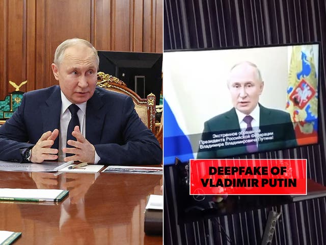 <p>Vladimir Putin in a meeting and a deepfake broadcast of him (text edit added by The Independent to indicate deepfake) </p>