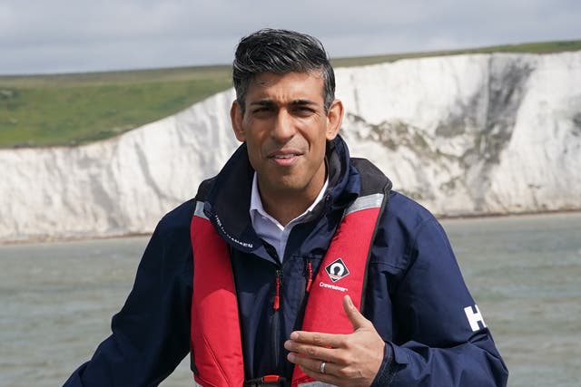 <p>Rishi Sunak onboard Border Agency cutter HMC Seeker during a visit to Dover</p>